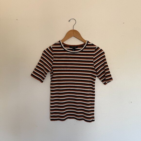 Forever 21 Black and Brown Stripped Ribbed Fitted Tee Medium - Picture 2 of 6